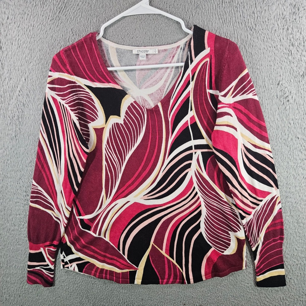 Chicos V-Neck Abstract Leaf Print Sweater Womens Size 0 Small Burgundy Pink Knit